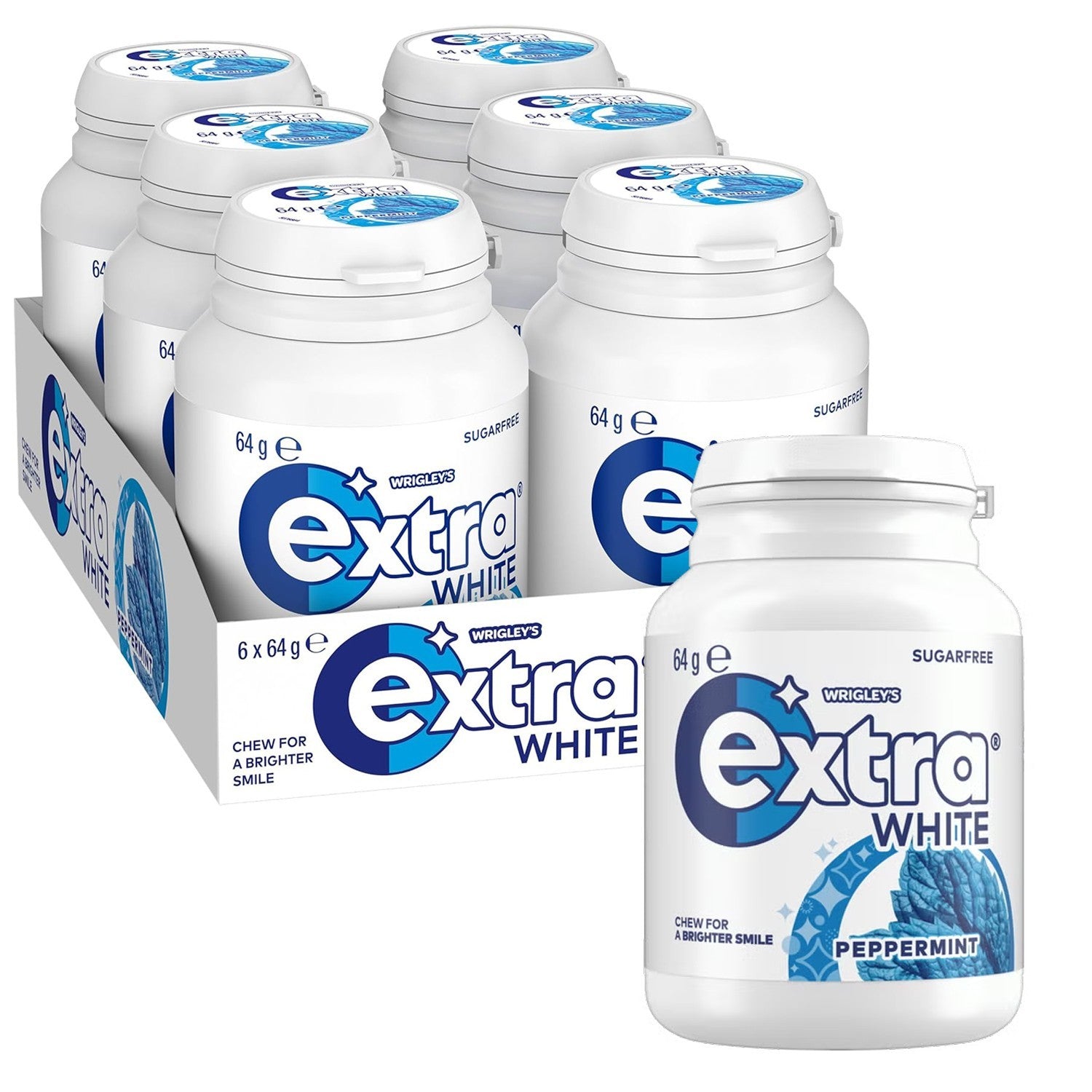 6 x 64g Wrigleys Extra White Peppermint Sugarfree Chewing Gum Fresh Mint Breath