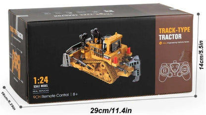 XZS 1:24 360° Rotation 9CH 2.4G RC Bulldozer Toy w/ Sound, Light, Alloy Bucket