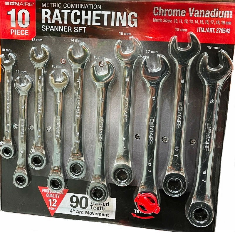 Bonaire 10 PCs 10-19mm Professional Metric Ratcheting Spanner Ratchet Wrench Set