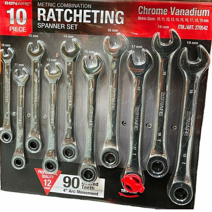 Bonaire 10 PCs 10-19mm Professional Metric Ratcheting Spanner Ratchet Wrench Set