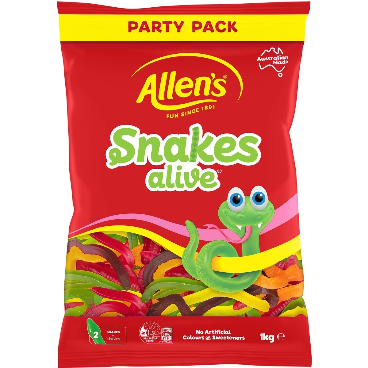 2 x 1kg Allen's Snakes Alive Kids Soft & Chewy Gummy Lolly Sweets Fruit Flavour