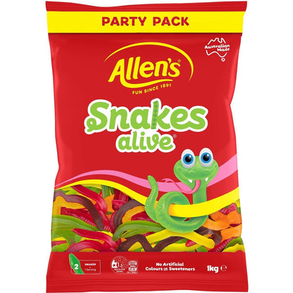 2 x 1kg Allen's Snakes Alive Kids Soft & Chewy Gummy Lolly Sweets Fruit Flavour