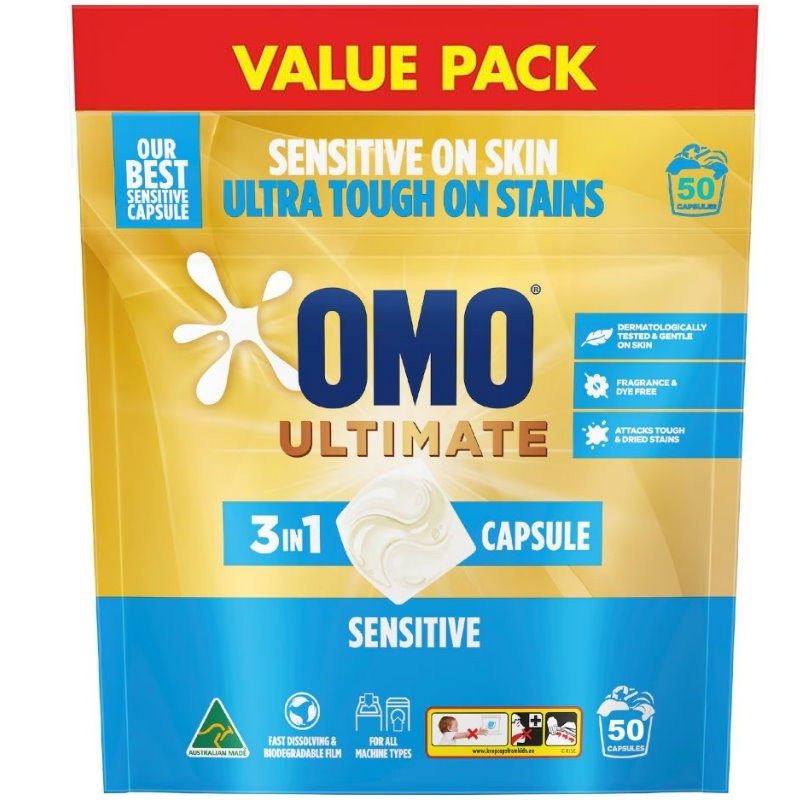 OMO Ultimate 3 in 1 Laundry Liquid Capsules Detergent Sensitive 50 or 100 Washes