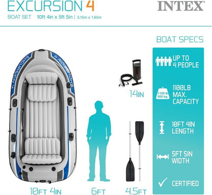 Intex 68324NP Excursion 4 Person Inflatable Rafting & Fishing Boat Set w/ 2 Oars