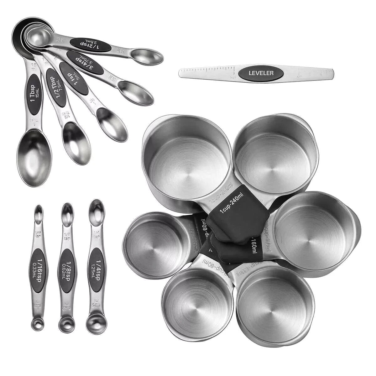 Stainless Steel Magnetic Measuring 6 x Cups & 8 x Spoons with Leveler 15 pcs Set