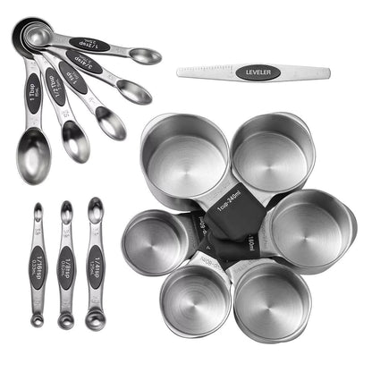 Stainless Steel Magnetic Measuring 6 x Cups & 8 x Spoons with Leveler 15 pcs Set