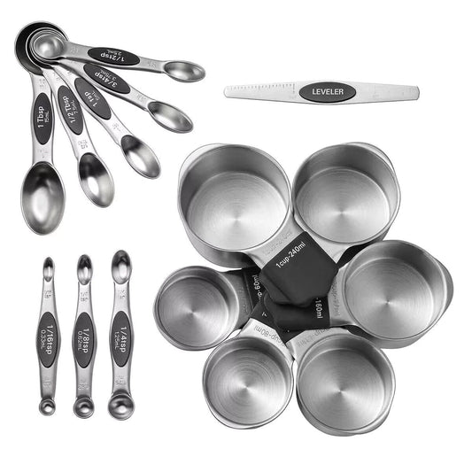 Stainless Steel Magnetic Measuring 6 x Cups & 8 x Spoons with Leveler 15 pcs Set