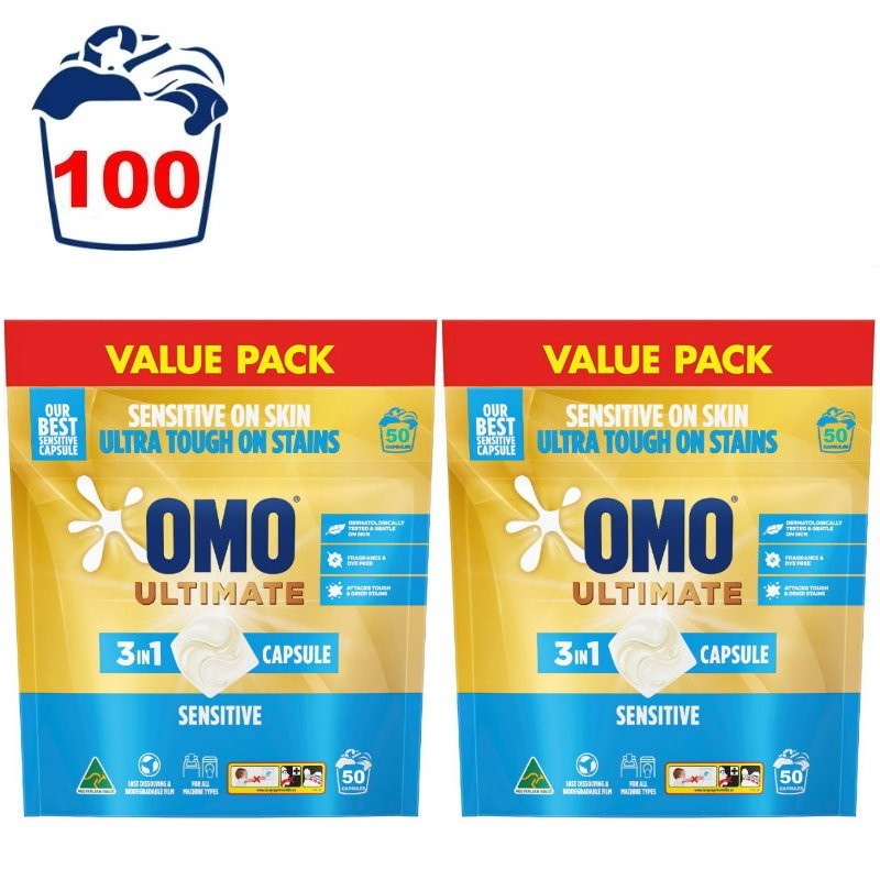 OMO Ultimate 3 in 1 Laundry Liquid Capsules Detergent Sensitive 50 or 100 Washes