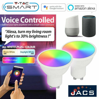6-Pack V-TAC GU10 WiFi LED SMART Spotlight RGB 5.5Watt -Alexa & Google Assistant