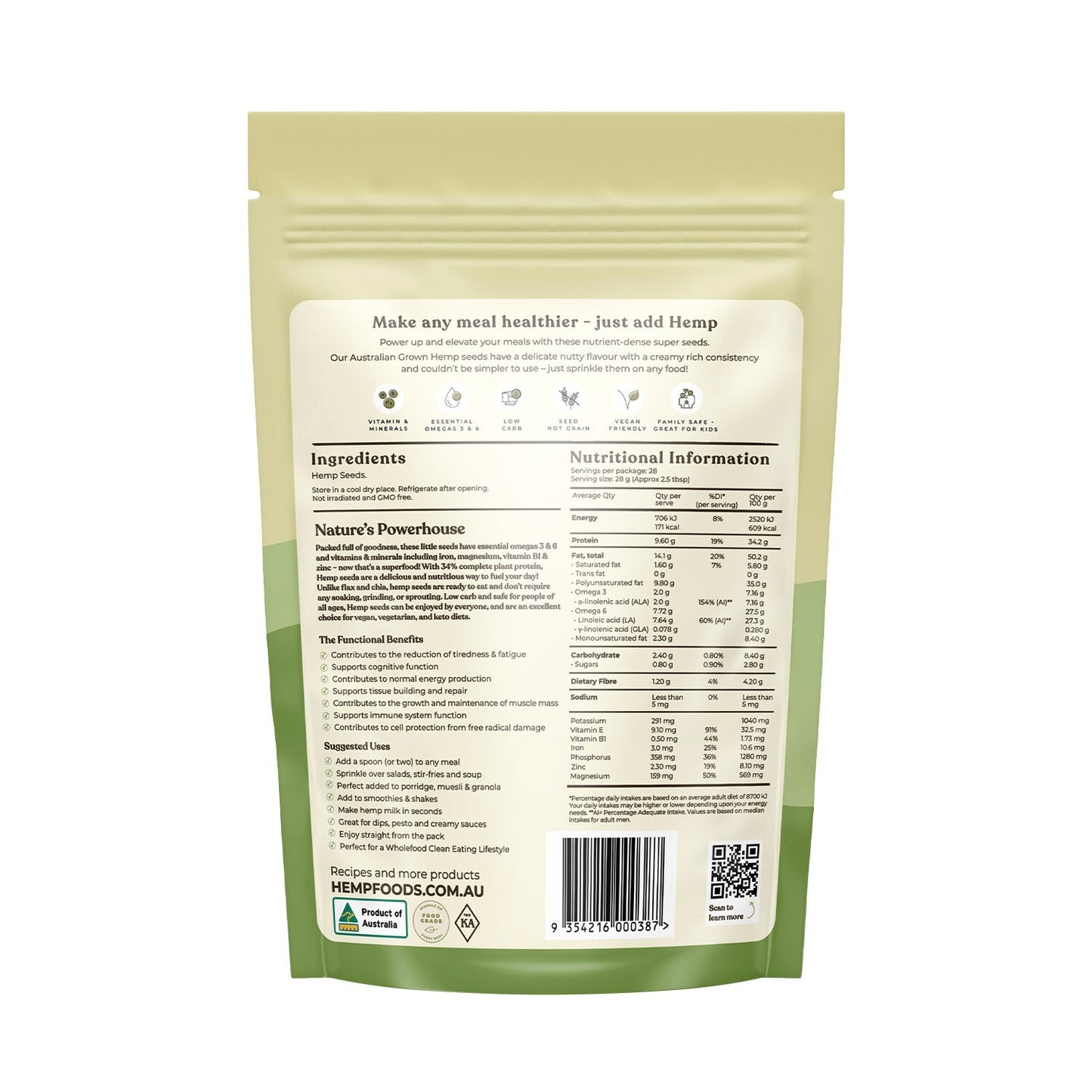 Essential Hemp Australian Hulled Hemp Seed 800g Gluten Dairy Free Vegan Friendly