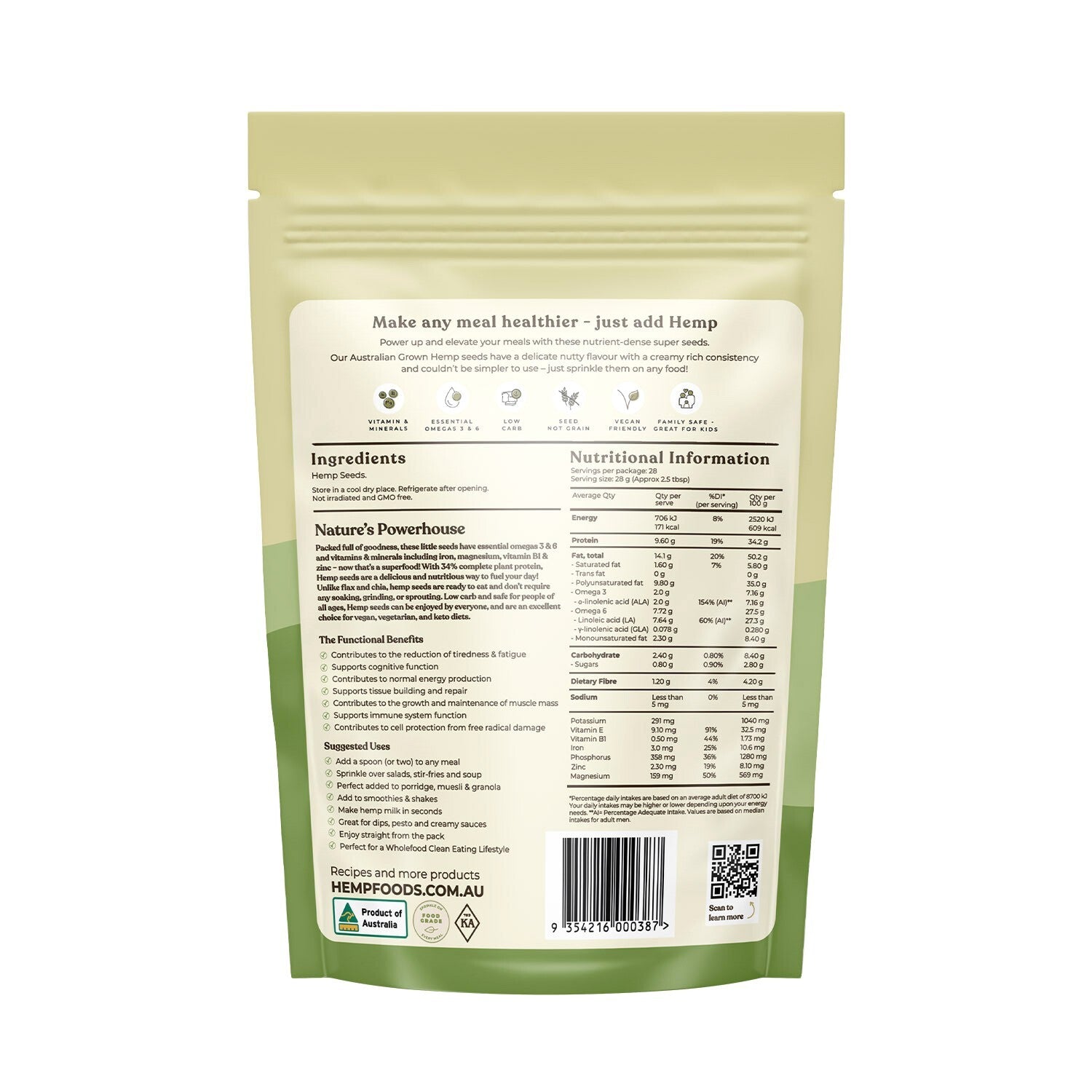 Essential Hemp Australian Hulled Hemp Seed 800g Gluten Dairy Free Vegan Friendly
