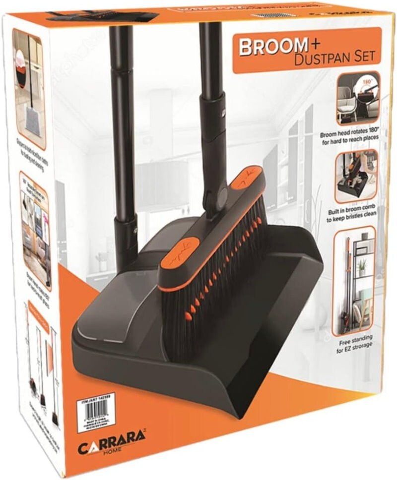 Carrara Home 46.5" 180° Rotatable Broom and Dustpan Set with Self-Cleaning Teeth