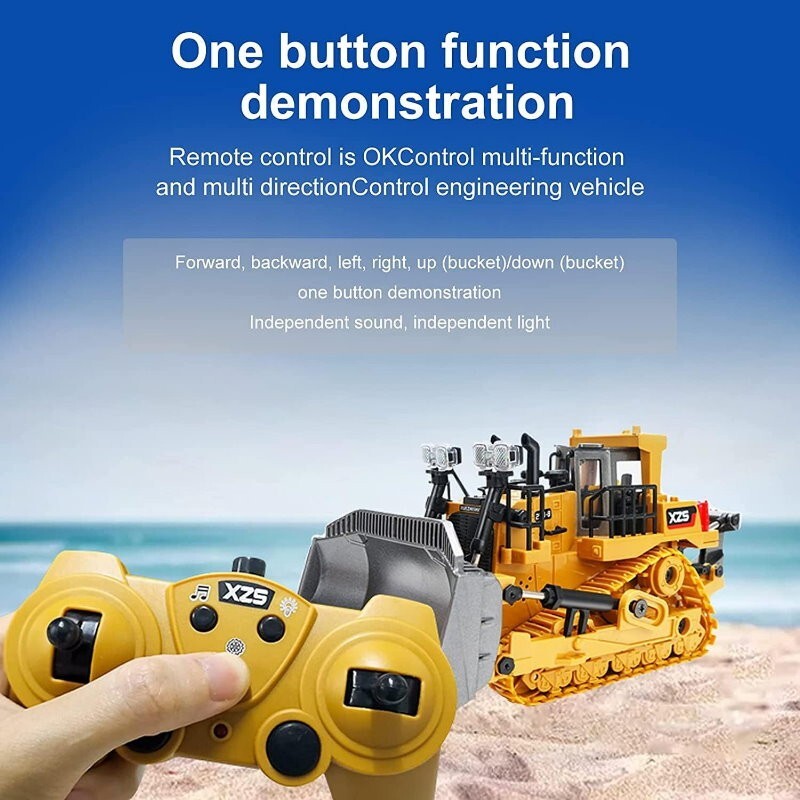 XZS 1:24 360° Rotation 9CH 2.4G RC Bulldozer Toy w/ Sound, Light, Alloy Bucket