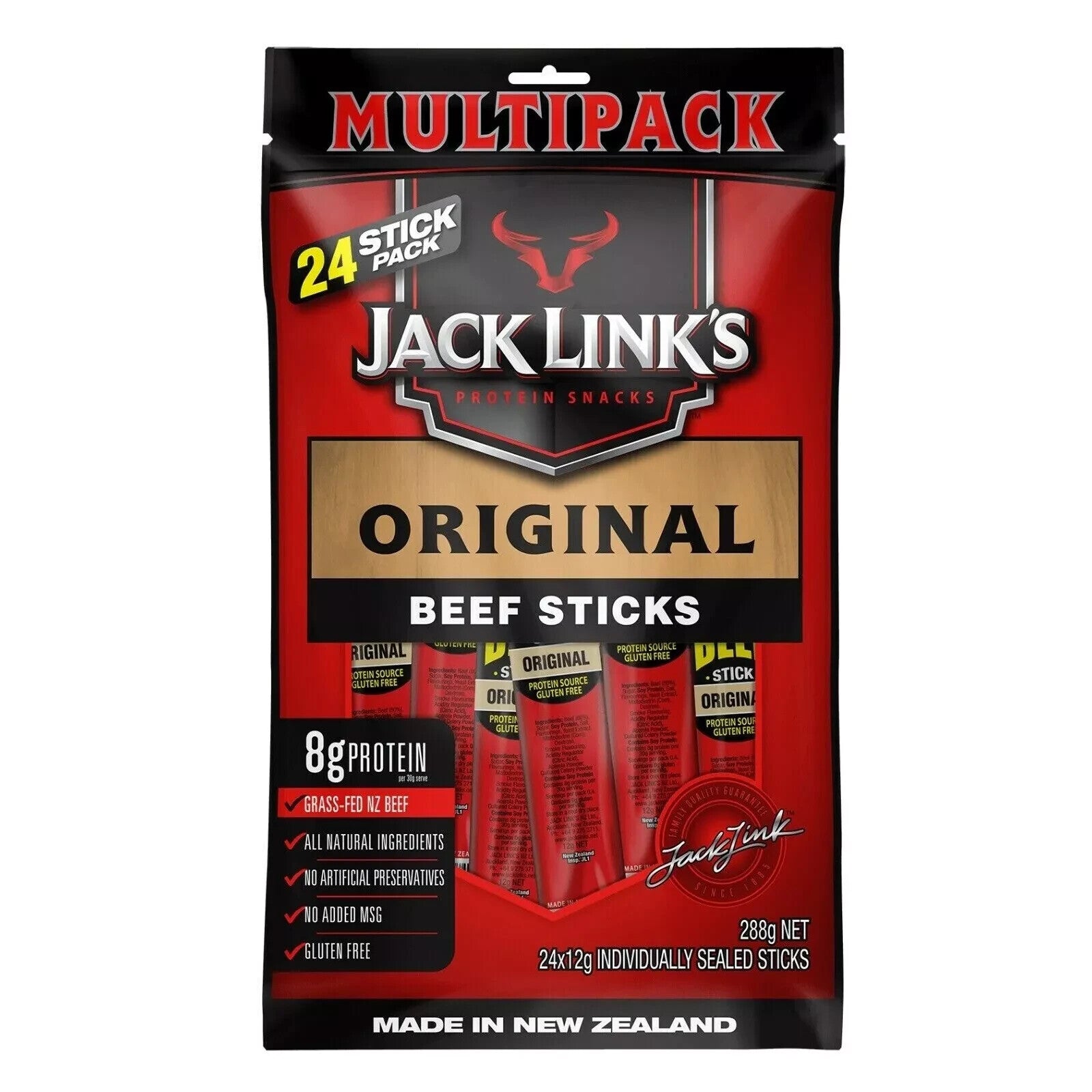 2 x Jack Link's Original Beef Jerky Sticks 288g High Protein Smoked Meat Snack
