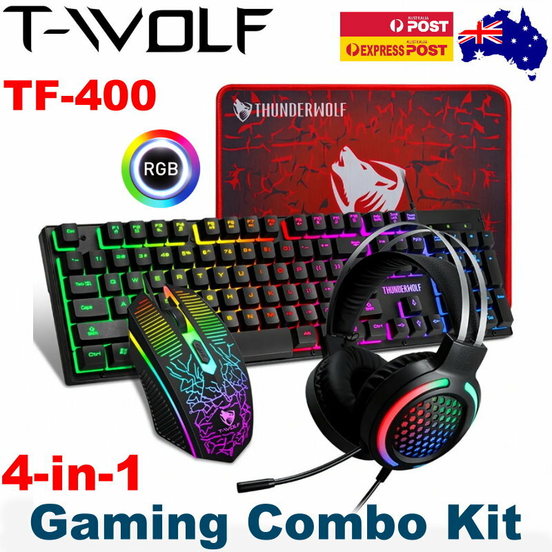 T-Wolf TF-400 4-in-1 Gaming Kit LED Backlit Gaming Keyboard Headset Mouse Pad