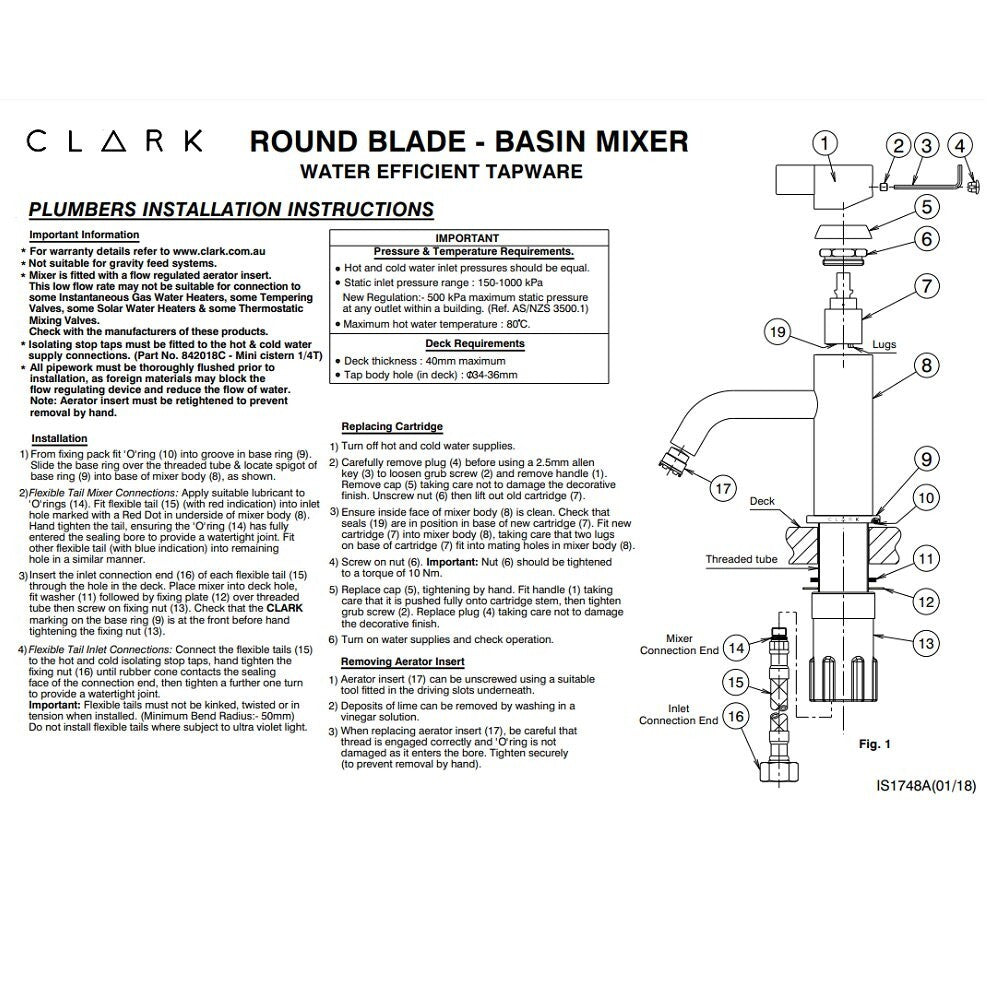 Clark CL10007.B5ACTO Round Blade Basin Mixer Matte Black WELS 5 Star 6L/min