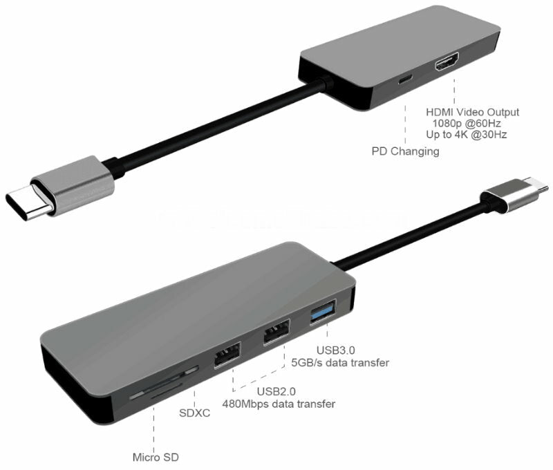 HYD-9822T 7-in-1 USB C Hub with 4K HDMI, USB3.0, USB2.0, SD, Micro SD, PD
