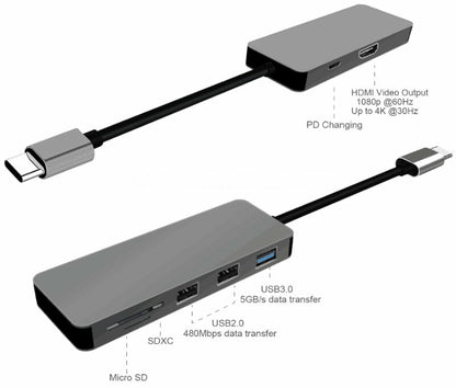 HYD-9822T 7-in-1 USB C Hub with 4K HDMI, USB3.0, USB2.0, SD, Micro SD, PD