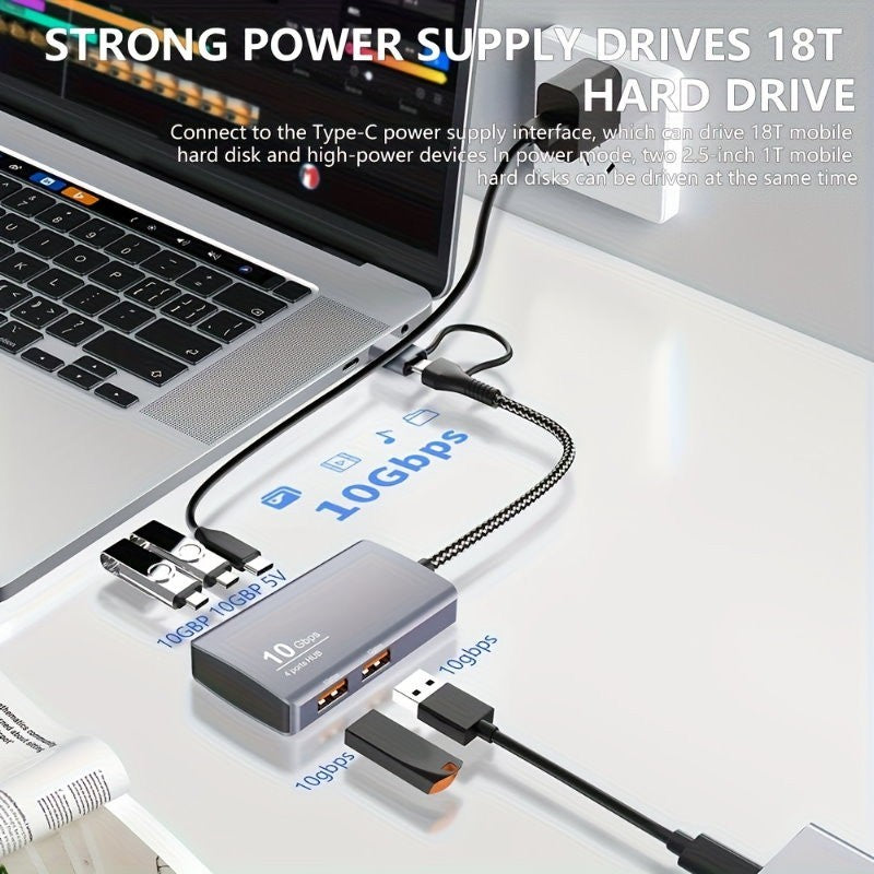 Universal 5-in-2 USB 3.2 Gen2 10Gbps Hub Splitter with 4x USB 3.2 + 1x USB C
