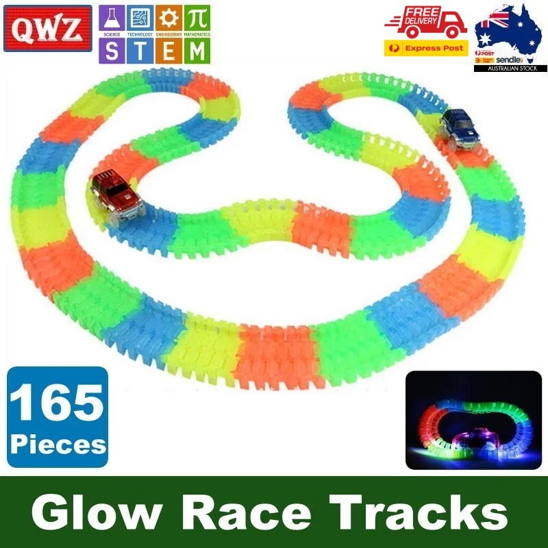 QWZ 165 pcs Glow Race Tracks Flex & Glow in The Dark Race Car Tracks for Kids