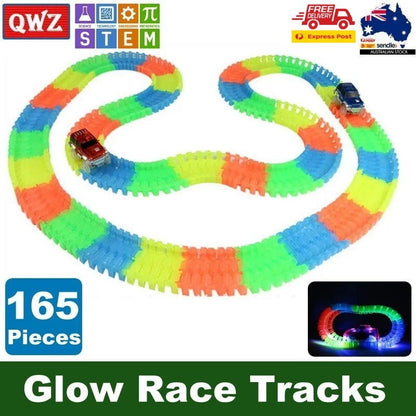 QWZ 165 pcs Glow Race Tracks Flex & Glow in The Dark Race Car Tracks for Kids
