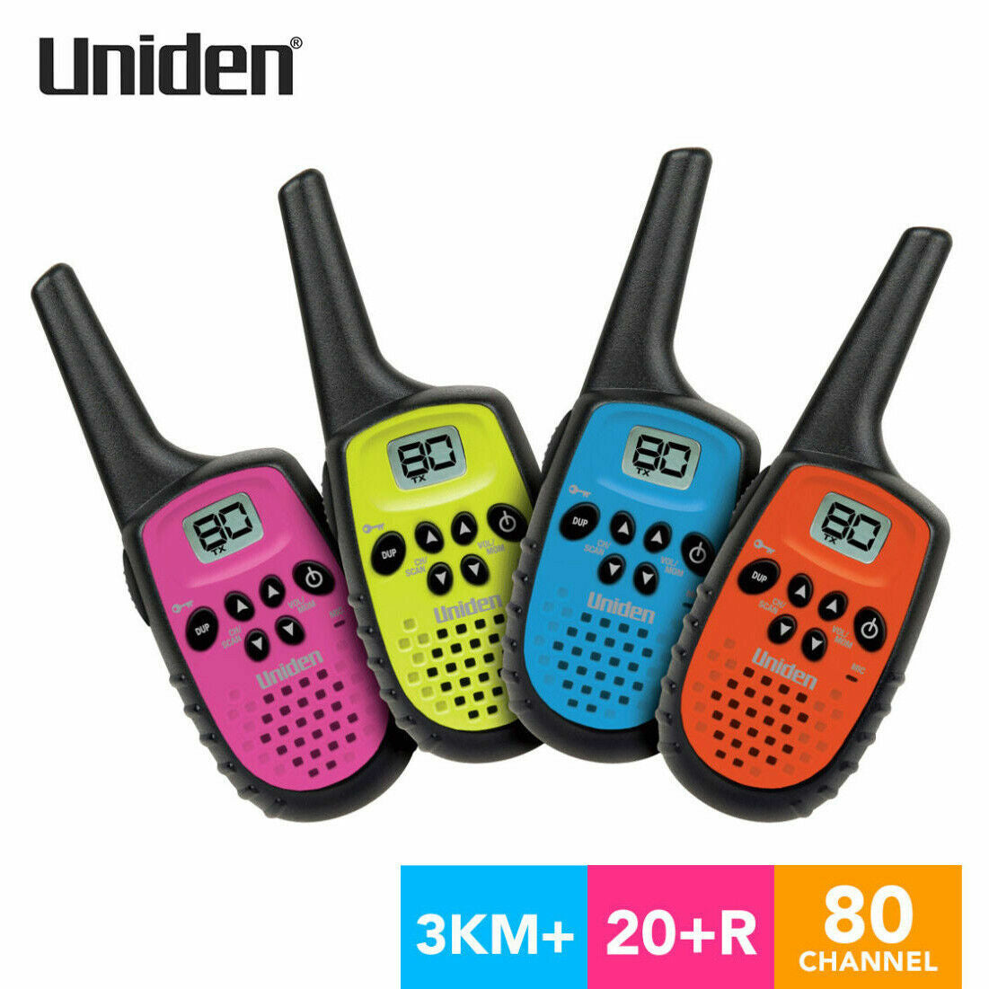 Uniden UH35-4 UHF 4 Handheld 80Ch Radio Walkie Talkies +4 Belts Quad Colour