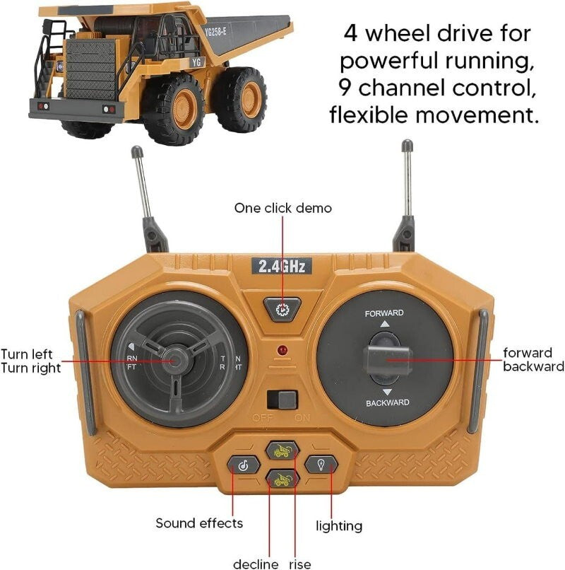 Yi Gong Toys 1:24 9CH 2.4G RC Construction Dump Truck Toy with Lights & Sounds