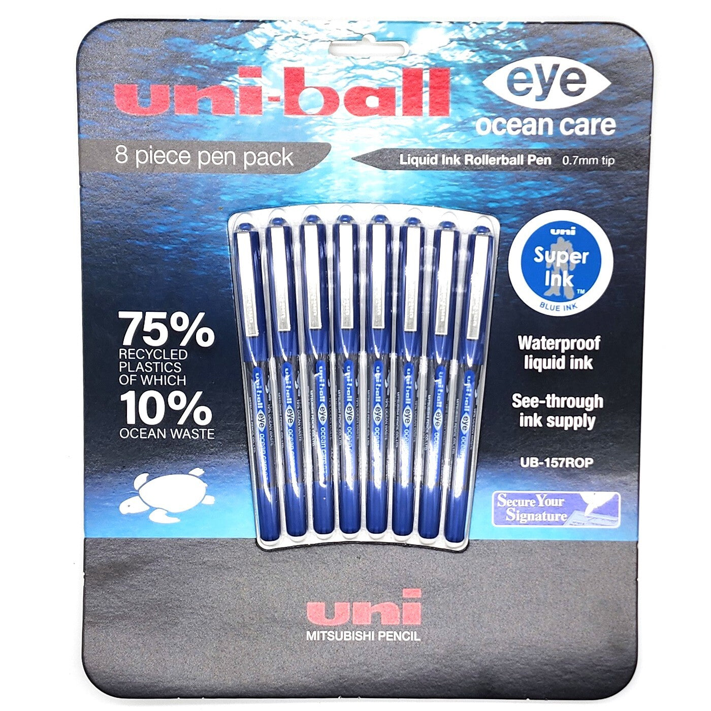 8 x Uni-Ball Rollerball Pen Blue Liquid Ink 0.7mm Stainless steel tip UB157
