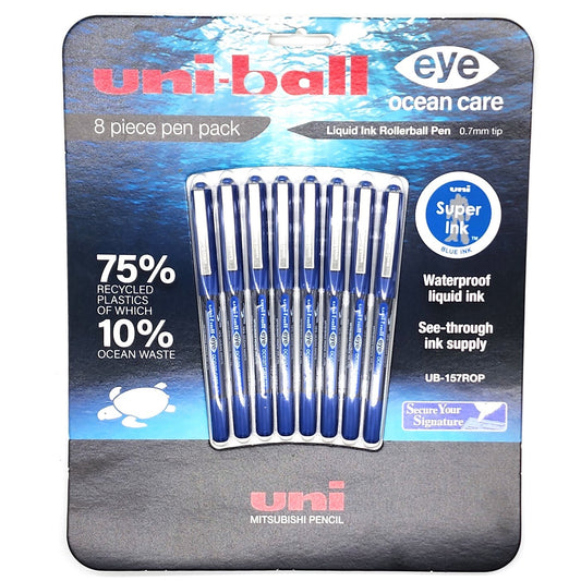 8 x Uni-Ball Rollerball Pen Blue Liquid Ink 0.7mm Stainless steel tip UB157
