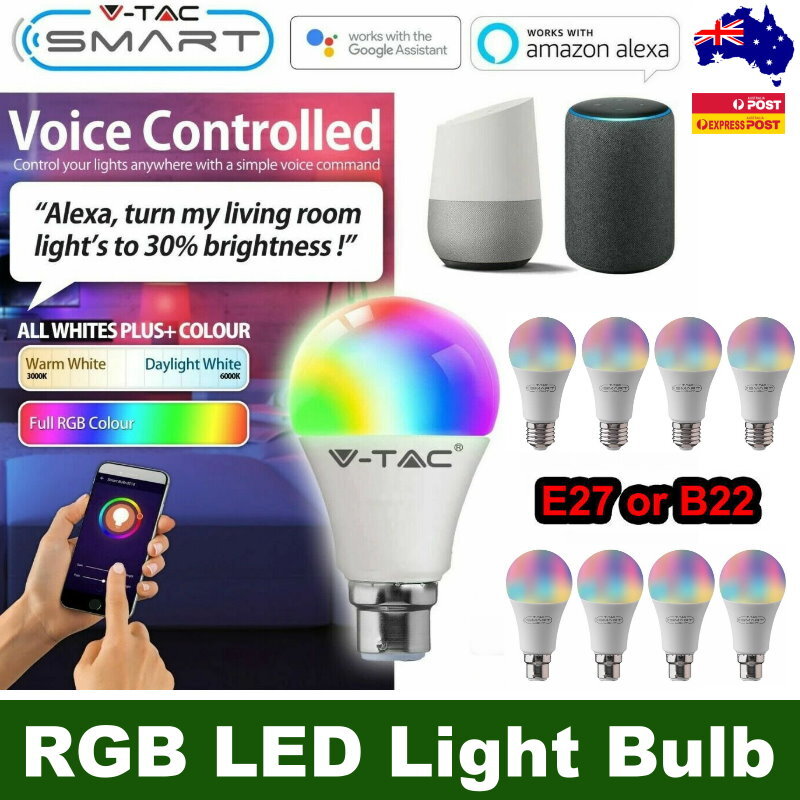 V-TAC Bluetooth Smart RGB LED Light Bulb A60 E27 or B22 - App or Voice Control