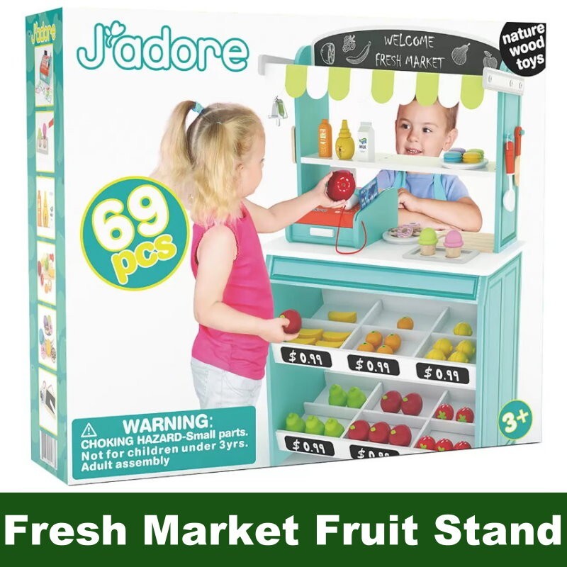 J'adore 69 Pieces Wooden Grocery Market Fresh Market Fruit Stand w/ Accessories