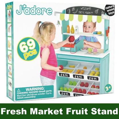 J'adore 69 Pieces Wooden Grocery Market Fresh Market Fruit Stand w/ Accessories