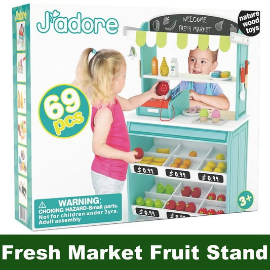 J'adore 69 Pieces Wooden Grocery Market Fresh Market Fruit Stand w/ Accessories