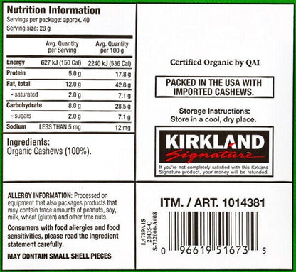 Organic Unsalted Unroasted Whole Cashews Vegan Kids School Lunch Snack 1.13Kg
