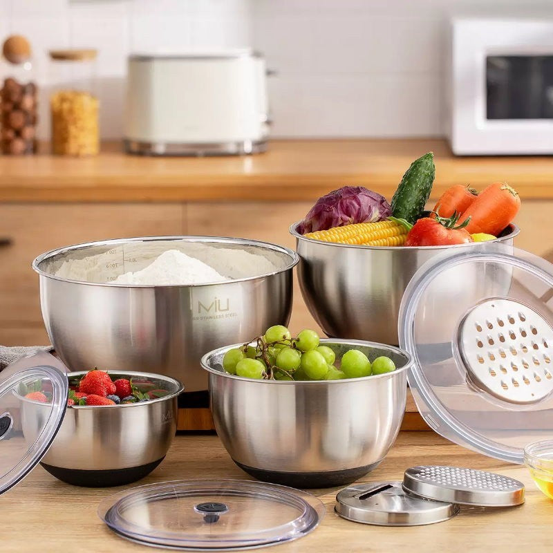 MIU 11-Piece 18/8 Stainless Steel Mixing Bowls Set with 4 Lids & 3 Graters
