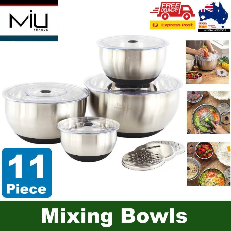 MIU 11-Piece 18/8 Stainless Steel Mixing Bowls Set with 4 Lids & 3 Graters