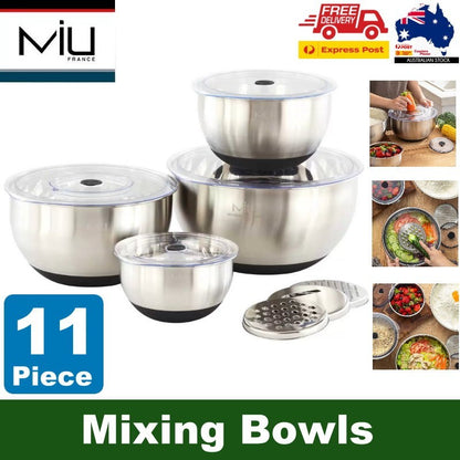 MIU 11-Piece 18/8 Stainless Steel Mixing Bowls Set with 4 Lids & 3 Graters