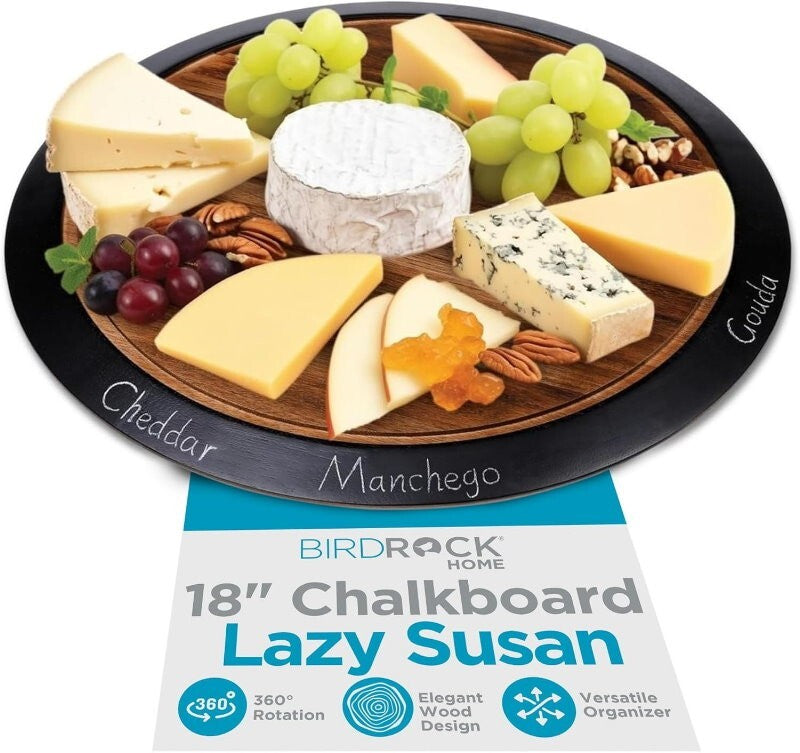 BIRDROCK HOME 18" Wood Chalkboard Lazy Susan Turntable Organizer with Pencil