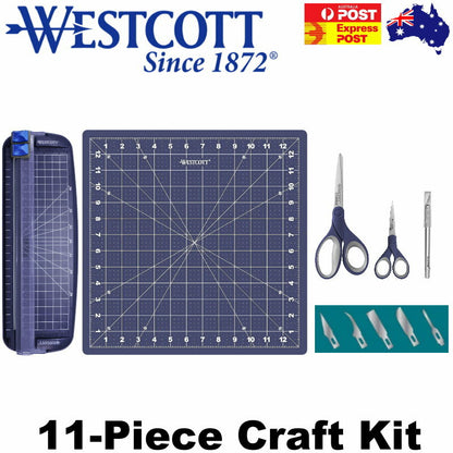 Westcott 11-Piece Craft Kit - Trimmer, Cutting Mat, Scissors, Hobby Knife Blades