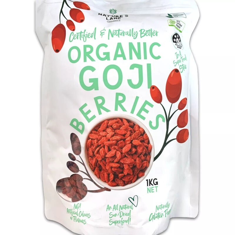 Nature's Lane Organic Dried Goji Berries 1kg - No Artificial Colours or Flavours