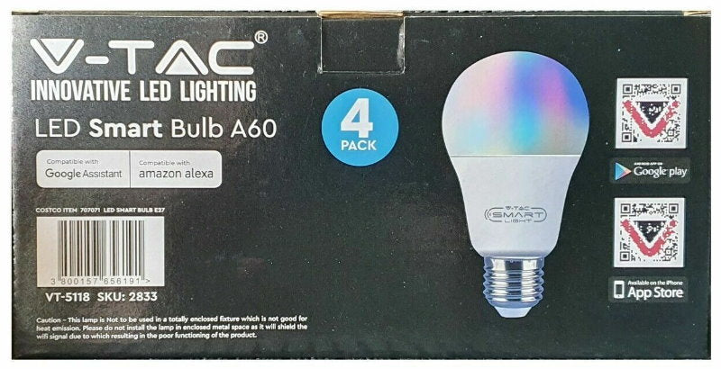 V-TAC Bluetooth Smart RGB LED Light Bulb A60 E27 or B22 - App or Voice Control