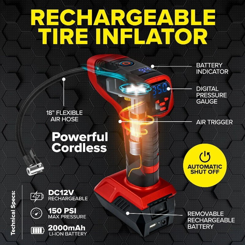 Bullseye Pro Max Rechargeable Cordless Tyre Inflator Air Pump Compressor Gauge