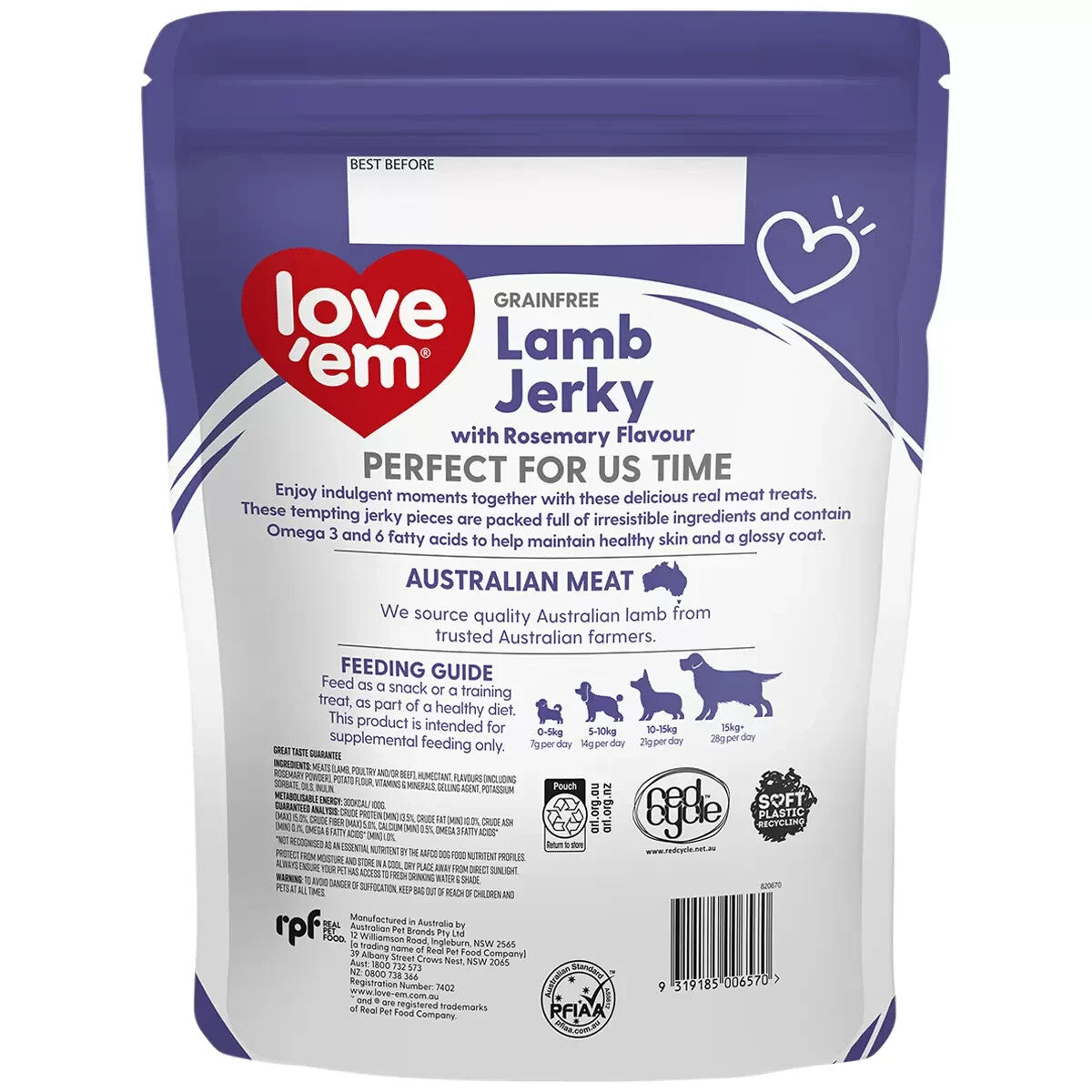 Love'em Lamb & Rosemary Jerky Dog Pet Training Food Treats Australian Made 1Kg