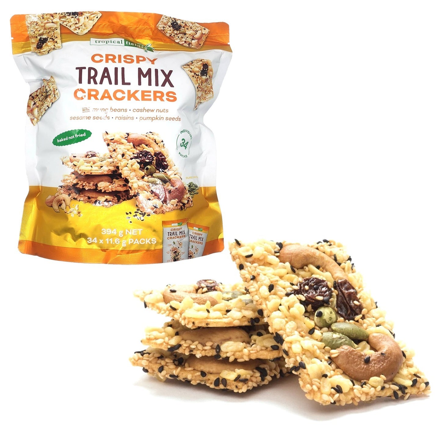 Crispy Baked Trail Mix Mung Beans Cashew Sesame Seed Raisin Crackers 34 x 11.6g