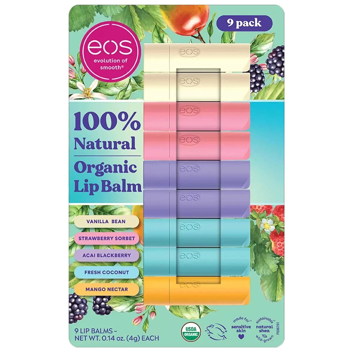 eos Natural Organic Lip Balm 9 Pack Vanilla Strawberry Blackberry Coconut Mango