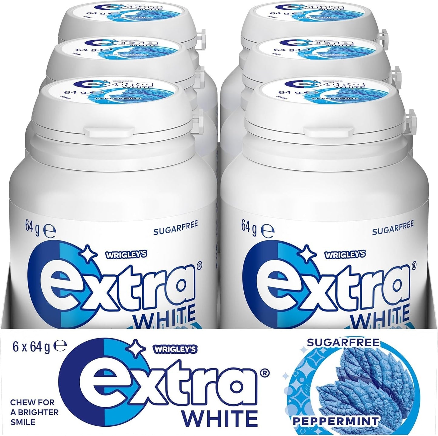 6 x 64g Wrigleys Extra White Peppermint Sugarfree Chewing Gum Fresh Mint Breath