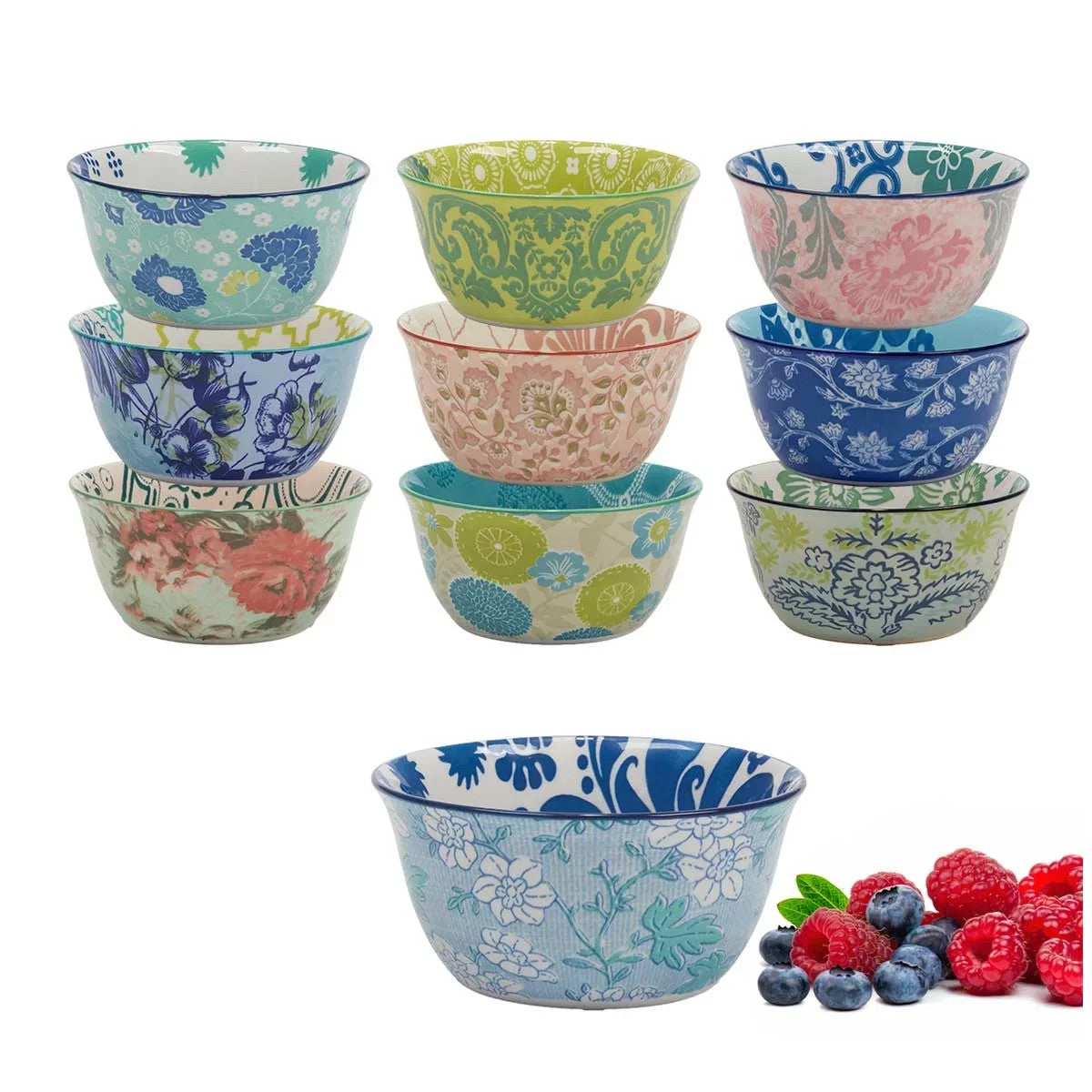 10 Provence Stoneware Rice Ice Cream Soup Cereal Snack 12cm Decorated Bowls Set