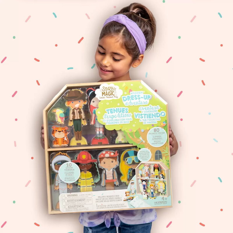 Story Magic Wooden Dress-Up Dolls Assortment -Dollhouse, 10 Figurines, 80 Magnet