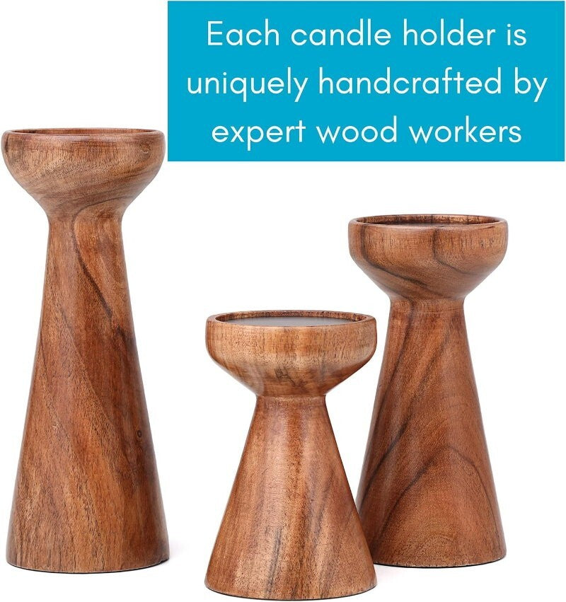 BIRDROCK HOME 3pc Flare Candleholders Gift Set Farmhouse Wooden Candle Holders
