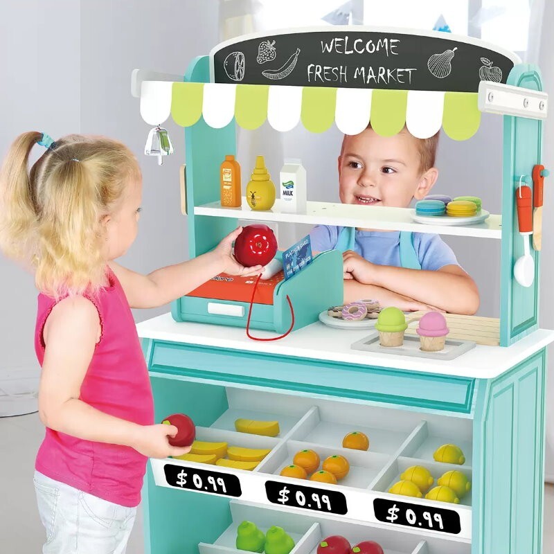 J'adore 69 Pieces Wooden Grocery Market Fresh Market Fruit Stand w/ Accessories